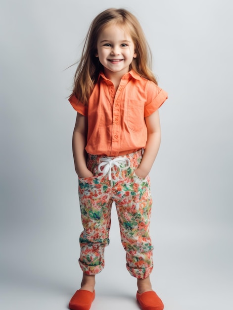 Little pretty girl smiling model posing at camera in bright studio