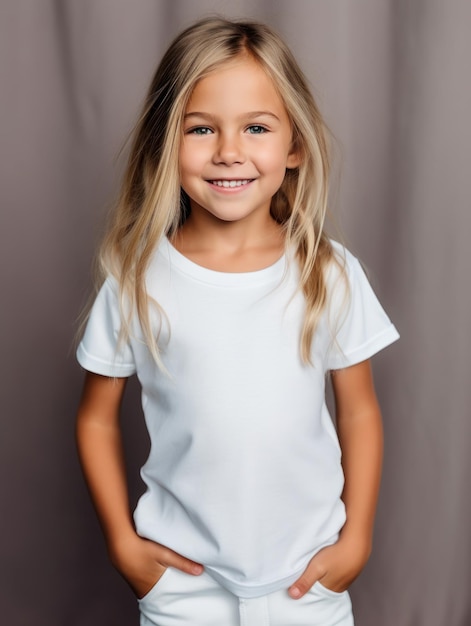 Little pretty girl smiling model posing at camera in bright studio