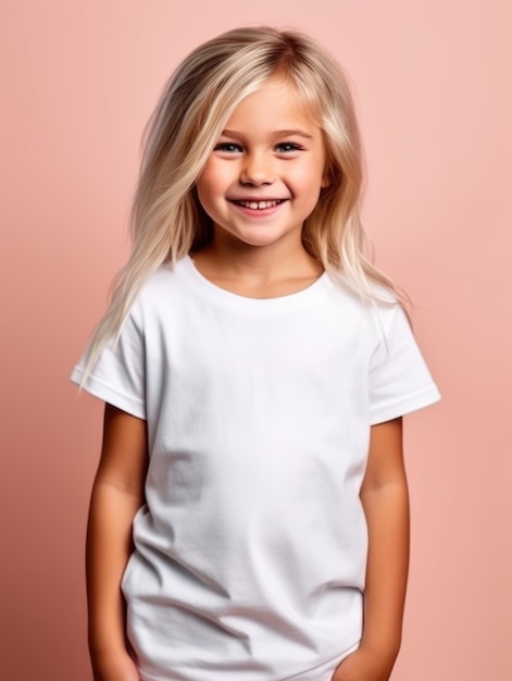 Little pretty girl smiling model posing at camera in bright studio