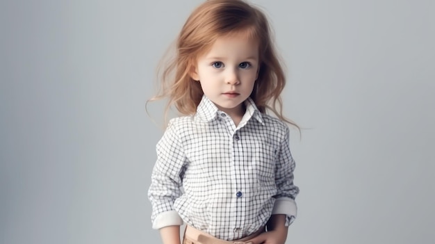 Little pretty girl smiling model posing at camera in bright studio