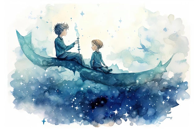 the little prince is a watercolor picture of a boy and a girl riding a whale