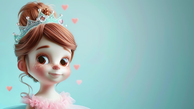 Маленькая принцесса с золотой короной на голове она носит розовое платье и коричневые волосы