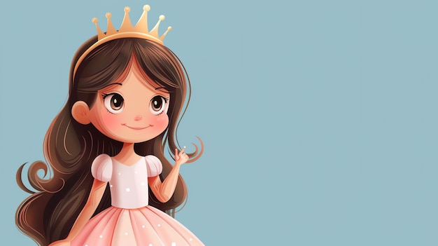 Little princess with a golden crown Pink dress with polka dots Long brown hair Blue background