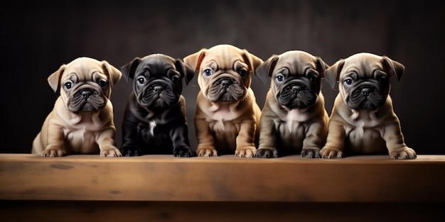 Little Puppies in studio portrait of cute puppy in a row