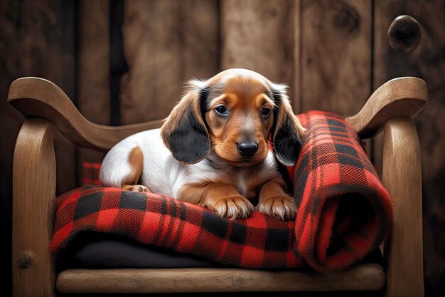 Little puppy dachshund dog sits on wooden sofa with red blanket generative ai