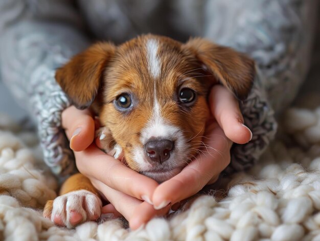 Little puppy dog in female hands Puppy in womans lap Concept of love for animals pets adoption and care