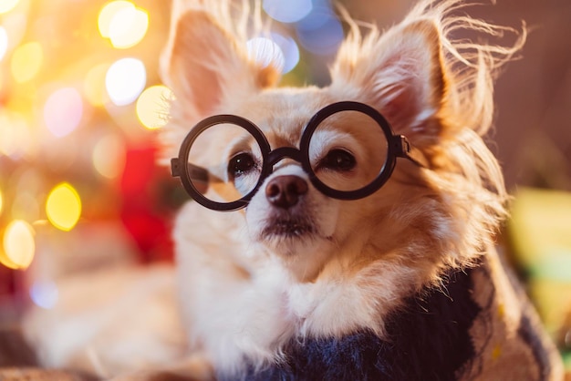 Photo little puppy lapdog chihuahua dog wear glasses sit relax casual lying on sofa with christmas tree decorating at backgroundanimal celebrating christmas and new year festive concept