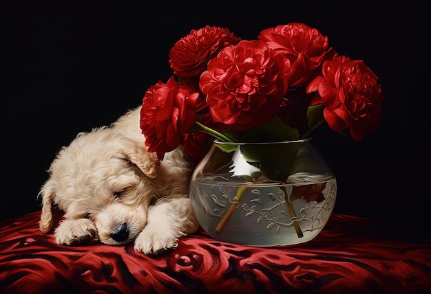 little puppy snoozes in vase with red roses on it in the style of realistic hyperdetailed portraits