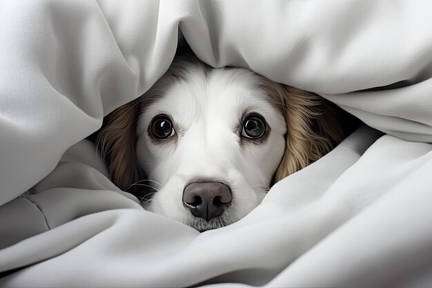 A little puppy with a white muzzle under a blanket