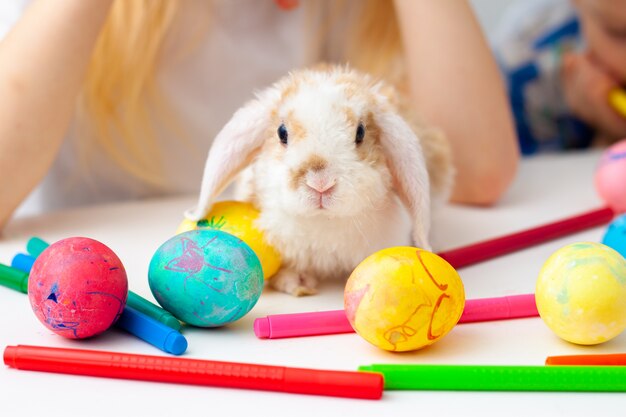 Little rabbit bunny with Colorful eggs and markers on table. Prepearing for Easter, family and holidays concept.