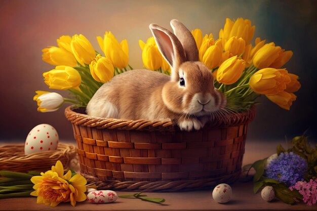 Little rabbit in an Easter basket with fluffy fur and Easter eggs in a fresh spring landscape AI generated