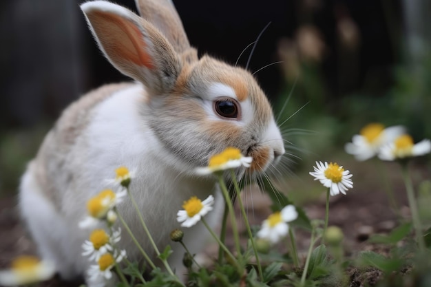 Little rabbit in the garden smelling a flower