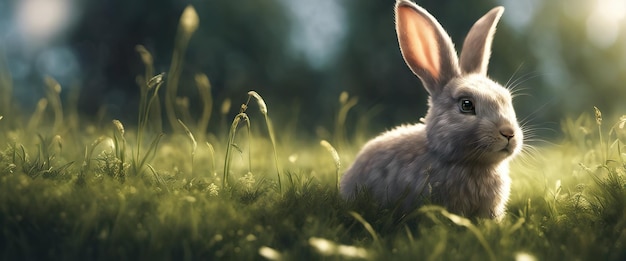 A little rabbit on the green grass on a spring day