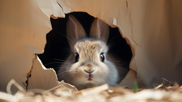 Photo little rabbit looks through a hole in paper