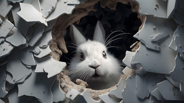 Little rabbit looks through a hole in paper