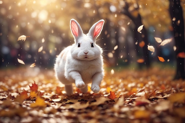 Little rabbit sitting on the lawn with fallen leaves autumn background