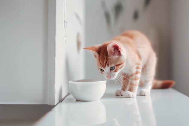 Photo a little red cat peeks into the bowl looking for food or drink minimalistic style sunny daylight generative ai