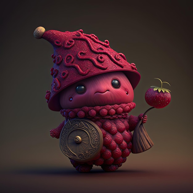 A little red creature with a hat and strawberry