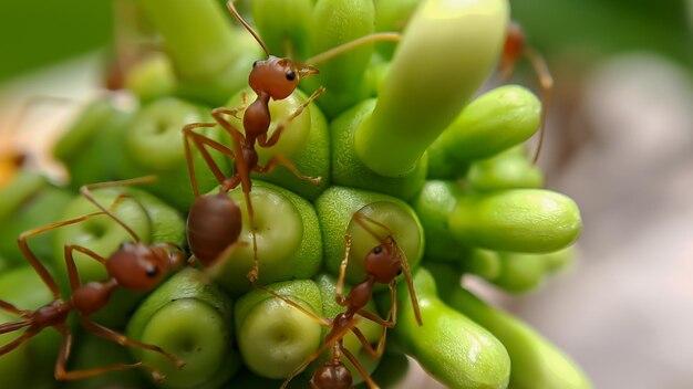 Little red fire ant voedt zich met de bladeren van de noni-vrucht met selectieve focus macro bedekt veel vuurmieren of rode mieren op bladeren met verlichting