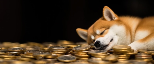 Little red fox sleeping on gold coins virtual money digital currency High quality photo