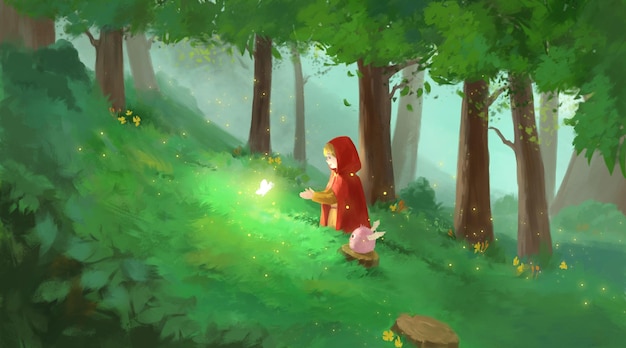 A Little Red Hat In The Forest Illustration hand drawn digital art, digital painting