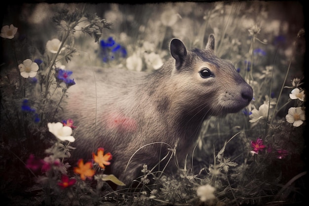 A little red - headed capybara in a field of flowers