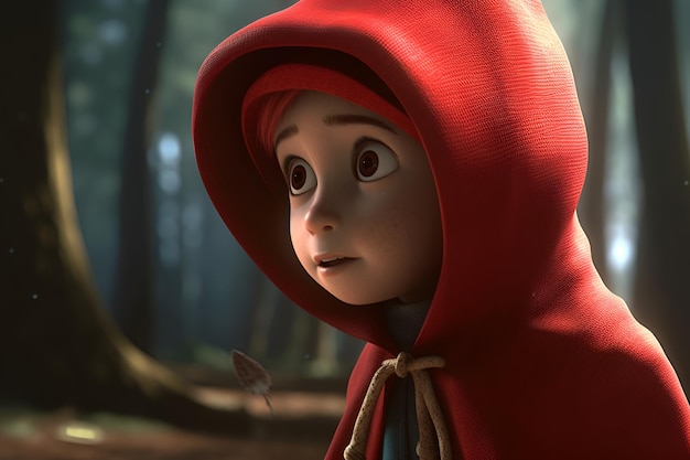 A little red riding hood looks out over a forest.