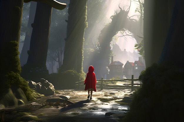 Little red riding hood walking through a forest