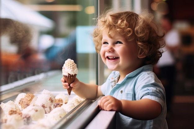 Photo little redhaired curly boy laughs is happy that he was given an ice cream cone from the display case of an ice cream parlor