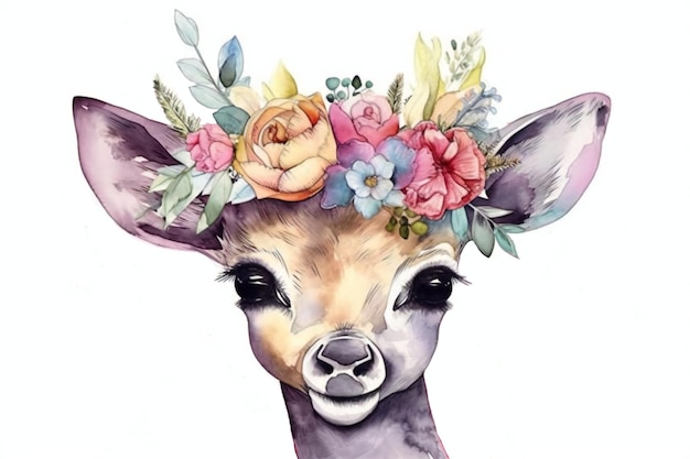 Little reindeer with a wreath of flowers AI generated illustration