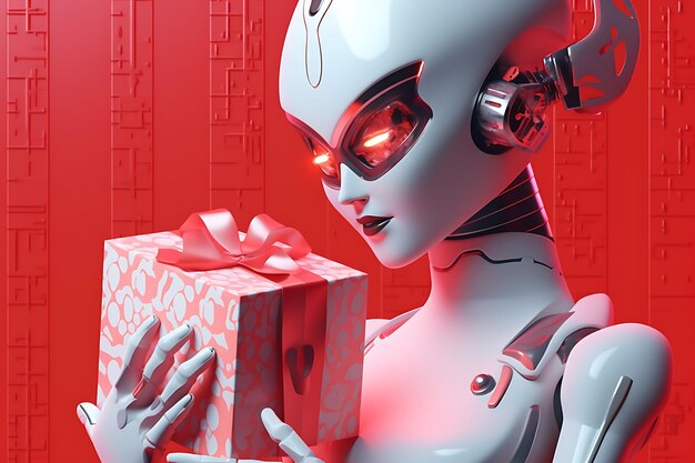 little robot holding a present on a red background