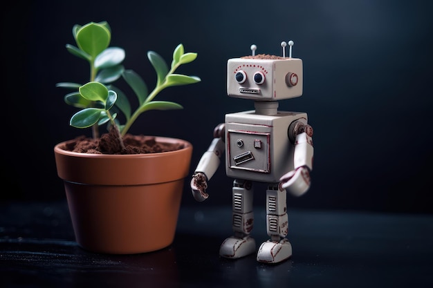 Little robot is standing near pot with plant Beautiful illustration picture Generative AI