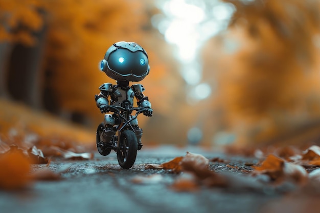 Little Robot Riding Motorcycle Down Street