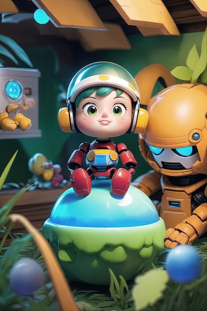 a little robot sits next to a small alien