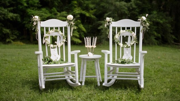 Little rocking chairs decorated with newlyweds accessories