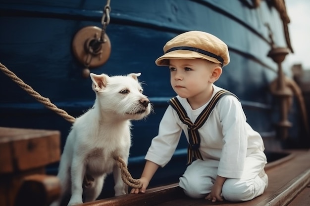 Foto il piccolo marinaio e il cane sulla nave