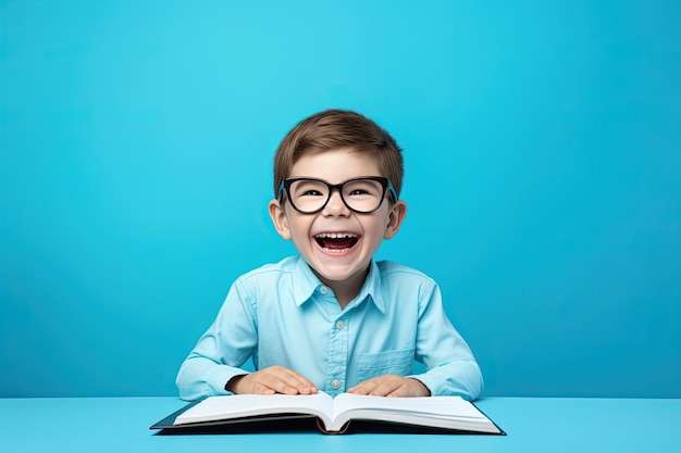 Маленький ученик, счастливый мальчик в очках, держащий книгу и пишущий с волнением в BacktoSchool