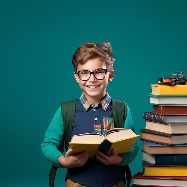 little school boy wearing back bag and raising book his thumb up