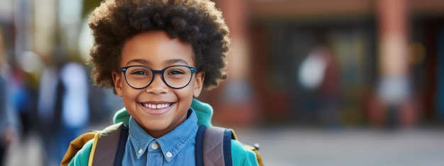 Photo little schoolboy stands outside the school with a backpack on his back back to school created with generative ai technology