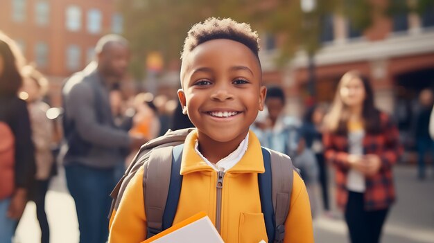 Little schoolboy stands outside the school with a backpack on his back Back to school Created with Generative AI technology