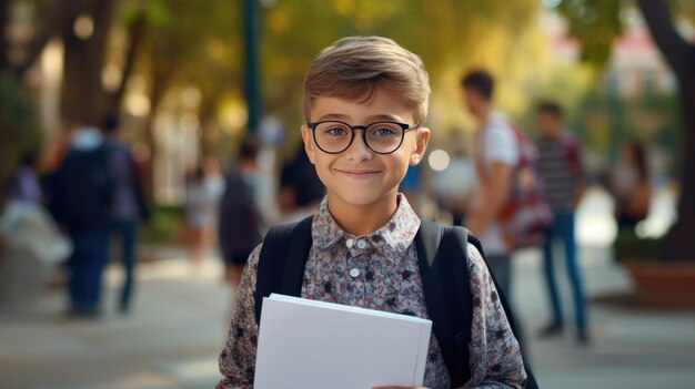 Photo little schoolboy stands outside the school with a backpack on his back back to school created with generative ai technology