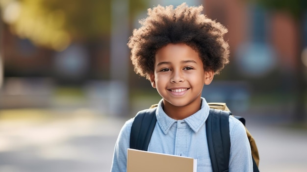 Little schoolboy stands outside the school with a backpack on his back Back to school Created with Generative AI technology