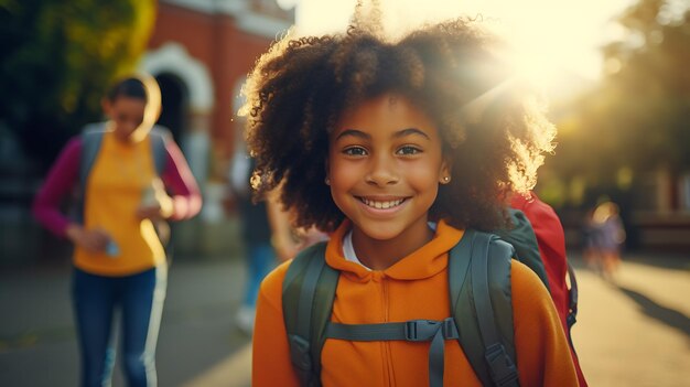 Little schoolboy stands outside the school with a backpack on his back Back to school Created with Generative AI technology