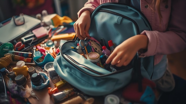 Little schoolgirl is packing her backpack for schoolCreated with Generative AI technology