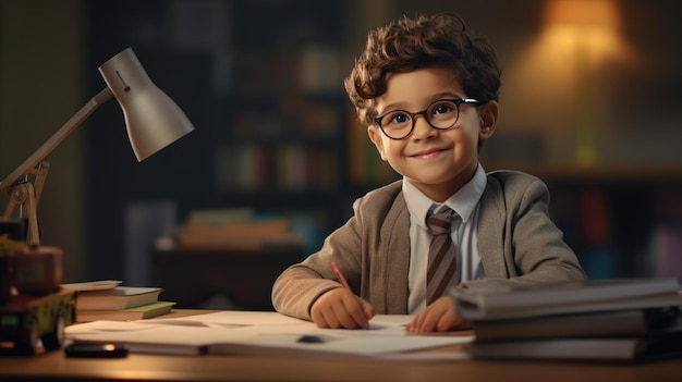 Little schoolgirl smiling while sitting in front of a book against a book shelf background Created with Generative AI technology