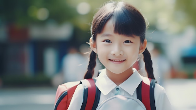 Little schoolgirl stands outside the school with a backpack on her back Back to school Created with Generative AI technology