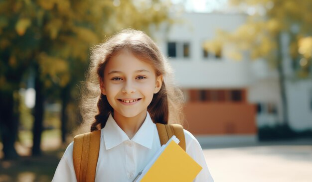 写真 バックパックを背負って学校の外に立つ小さな女子高生 学校に戻る 生成 ai テクノロジーで作成