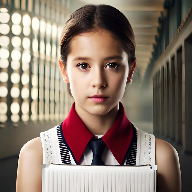 Little schoolgirl with books and backpor