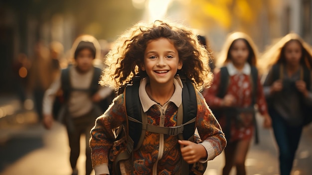 Little schoolgirls with backpacks running along old city street to school