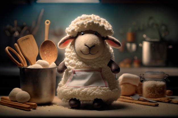 Little Sheep Chef Cooking up a Storm in the Kitchen with Utensils and a Wooden Spoon